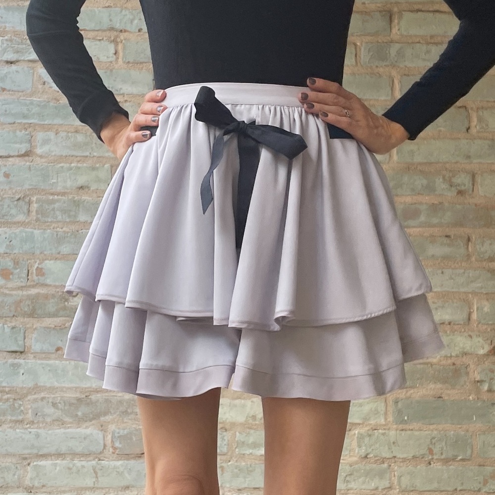 Topshop Mini Skirt Grey Tiered Silky Ruffle Circle Skater Black Ribbon Tie Waist